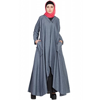 Denim abaya - Two piece frilled pocket Abaya